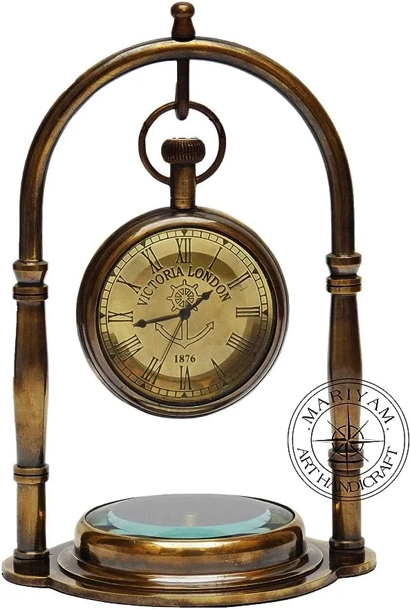 Hanzla Collection Maritime Compass Base Nautical Table Clock Ship's Clock Antique Brass Hanging Desk Clock Victoria London Pocket Watch Vintage