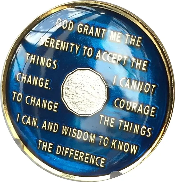 6 Year Midnight Blue AA Medallion Chip Tri Plate Gold & Nickel Plated Serenity Prayer