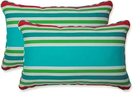 Pillow Perfect Stripe Indoor/Outdoor Accent Throw Pillow, Plush Fill, Weather, and Fade Resistant, Lumbar - 11.5" x 18.5" , Blue/Green Topanga, 2 Count