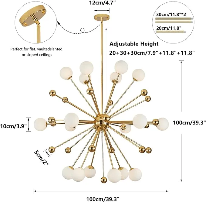 BOKT Modern Globe Chandelier, 18-Lights Flush Mount Sputnik Chandelier with Gold Metal, White Glass Ball, Adjustable Height for Dining Room, Living Room, Bedroom