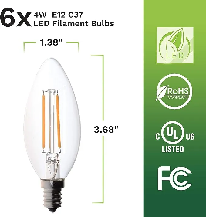 Bioluz LED Non-Dimmable 40 Watt Candelabra Filament LED C37 2700K Warm White E12