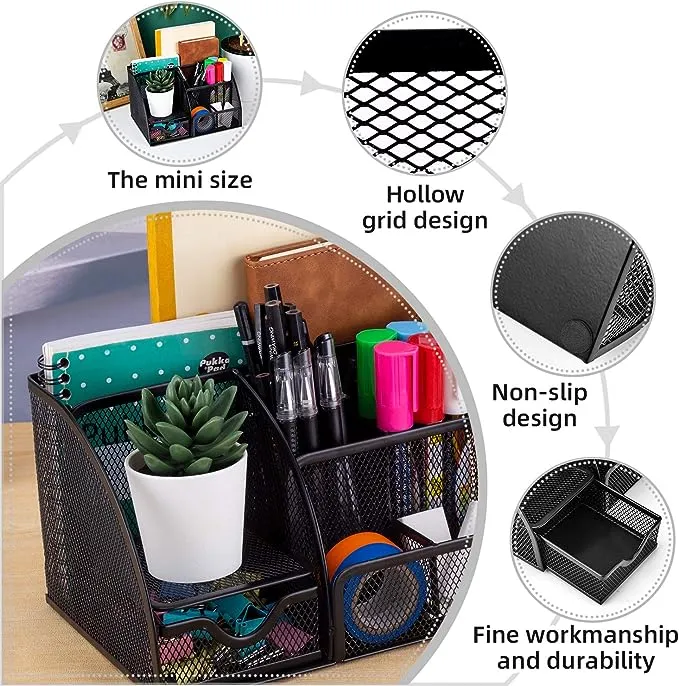 Mdhand Office Desk Organizer and Accessories Mesh Desk Organizer with 6 Compartments + Drawer