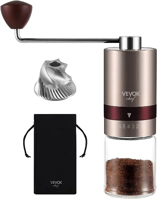 VEVOK CHEF Gold Manual Coffee Grinder Stainless Steel Burr Coffee Grinder with Portable Bag External Adjustable Setting Small Hand Coffee Grinder Ultra Fine for Espresso at Home Morning Coffee