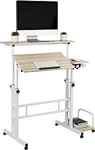 Mind Reader Standing Desk, Adjustable Height, Computer Desk, Laptop Desk, Portable, Rolling, 38"L x 21.25"W x 45.25"H, White