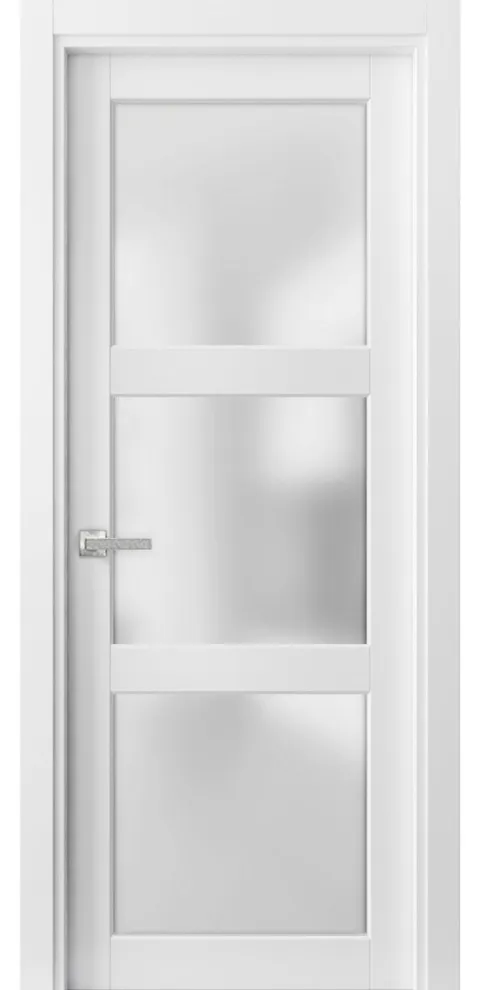 SARTODOORS - Solid French Door Frosted Glass 3 Lites 36 x 80 inches | Lucia 2552 Matte White | Single Regular Panel Frame Trims Handle | Bathroom Bedroom Sturdy Doors