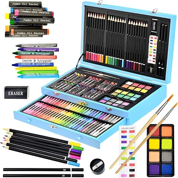 Sunnyglade 145 Piece Deluxe Art Set, Wooden Art Box &amp; Drawing Kit with Crayons, Oil Pastels, Colored Pencils, Watercolor Cakes, Sketch Pencils, Paint