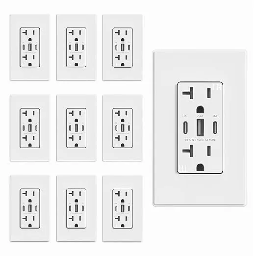 ELEGRP USB Outlets, 30W 6.0 Amp USB C Outlets Receptacles, 3-Port USB Wall Outlet, 20 Amp Tamper-Resistant Outlet with 2 USB C Ports, UL Listed, Screwless Wall Plate Included, 10 Pack, Matte White