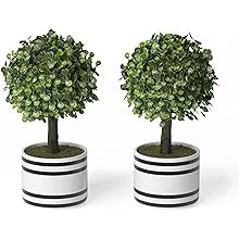 Barnyard Designs Artificial Boxwood Topiary Potted Plant Decorations, Mini Faux Fake Plant Greenery Arrangements in Pots for Office Desk or Home Décor (2 Pack, 10")