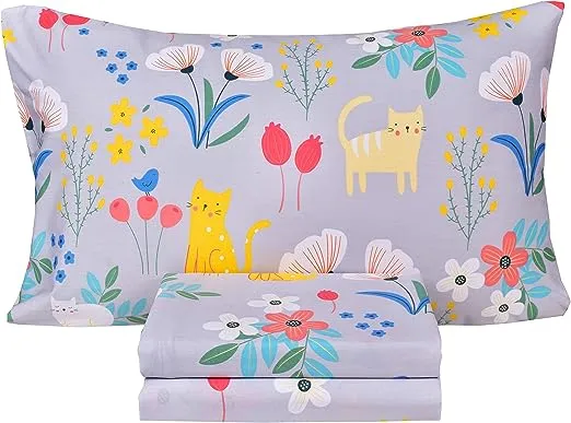 Scientific Sleep Kitty Cats Flowers Girls Kids Toddler Teens 100% Cotton Twin Bed Sheet Set, Flat Sheet & Fitted Sheet & Pillowcase Bedding Set (Cats Flower, Twin)