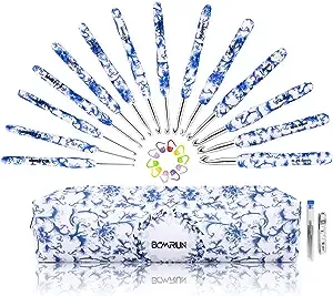 BCMRUN Crochet Hooks Set with Case 14 Size Blue and White Porcelain Pattern for Arthritis Hands, 2.25mm(B)-10mm(N) Crochet Needles for Beginners, Mothers Day Gift, Crochet Lovers (Azure)