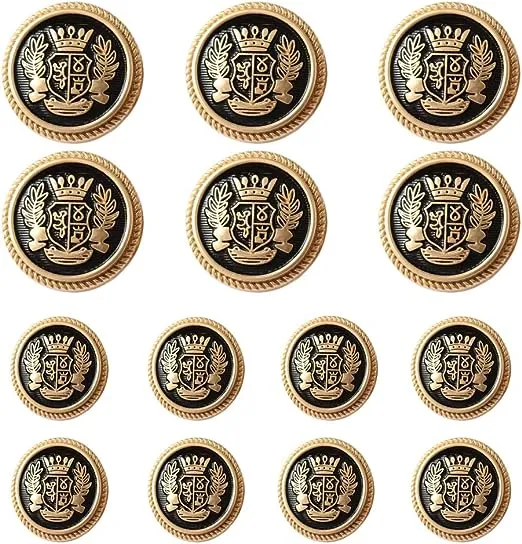 MebuZip 14 Pieces Black Gold Metal Blazer Button Set 15mm 20mm for Blazers, Suits, Sport Coats, Uniform, Jackets (MBM22)