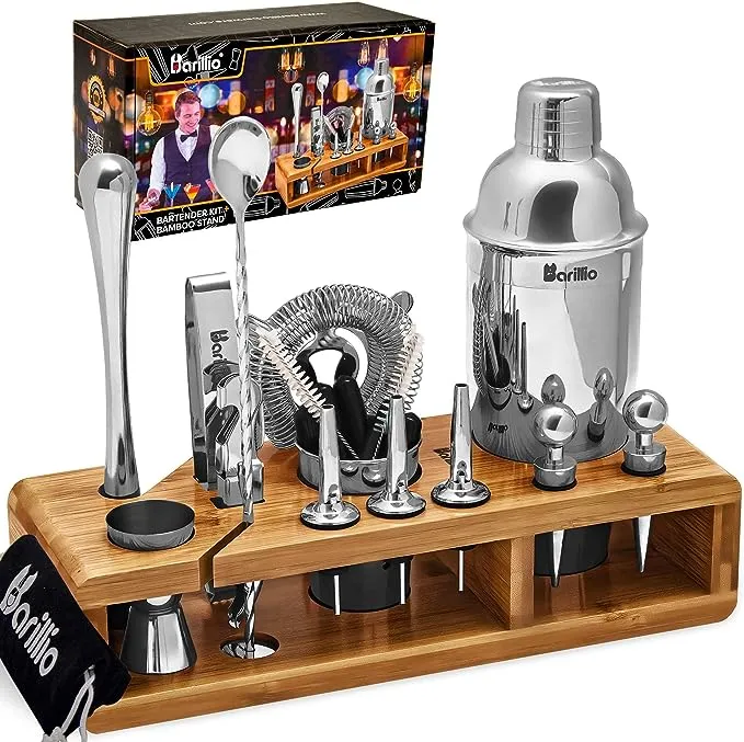 23-Piece Stainless Steel Cocktail Shaker Set &amp; Bamboo Stand for Home Bartenders