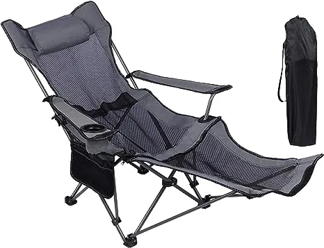 NURTUDIS Camping Lounge Chair,Folding Reclining Camping Chair, Portable Camping Chair with Footrest,Storage Bag & Headrest, Mesh Recliner, 330lbs Weight Capacity (Gray)