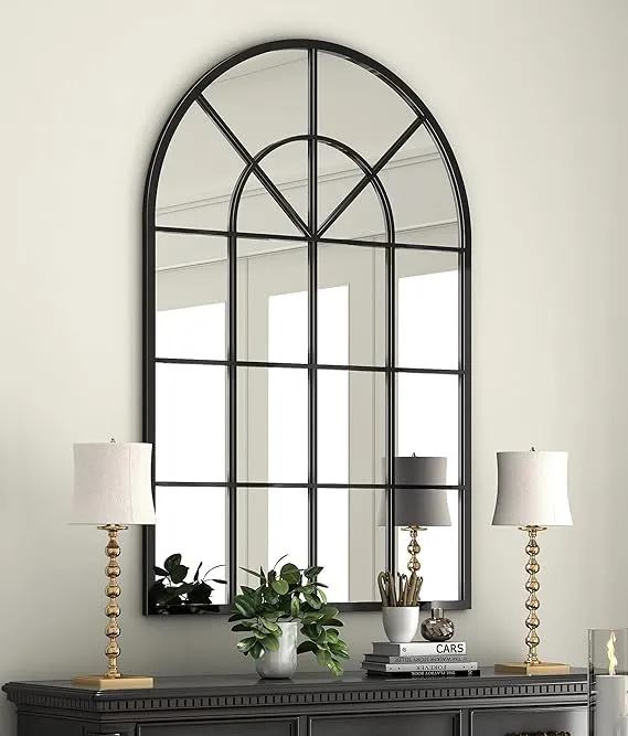 NXHOME Arched Window Finished Metal Mirror, 32×45" Wall Mirror Windowpane Decoration for Living Room