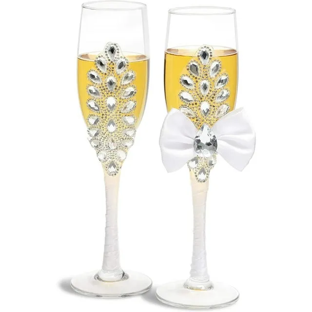 Sziqiqi Wedding Champagne Flute Glasses Pack for Bride and Groom Pack of 2 Champagne Glasses Silver with Gift Box Joint-Heart for Wedding, Anniversary, Engagement, Valentine's Day