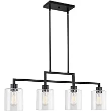 Kira Home Stratford 34" 4-Light Modern Industrial Farmhouse Island Light + Clear Glass Shades, Adjustable Hanging Height, Black Finish