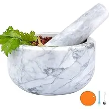 Mortar and Pestle Set Polished Natural Marble Stone Guacamole Molcajete Bowl wit