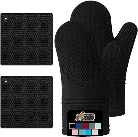 Gorilla Grip BPA-Free Soft Silicone Oven Mitts and Potholder Set of 4, Heat Resistant Hot Pads, Thick Cotton Lined Cooking Mitt, Long Gloves Protect Hands, Kitchen Waterproof Trivet Mats, 12.5" Black