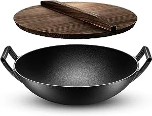 Klee Pre-Seasoned Cast Iron Wok Pan with Wood Wok Lid and Handles - 14 Large Wo