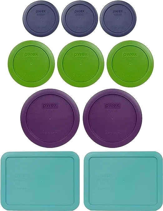 Pyrex Bundle - 10 Items: (3) 7202-PC Dark Blue Lids & (3) 7200-PC lawn green lids & (2) 7201-PC Purple Lids & (2) 7210-PC Turquoise Lids Made in the USA