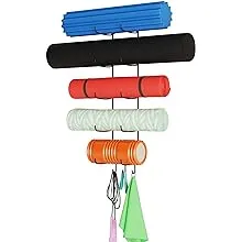 Wallniture Guru Yoga Mat Holder Wall Mount with 3 Hooks for Hanging Yoga Strap, Resistance Bands, 5-Sectional Metal