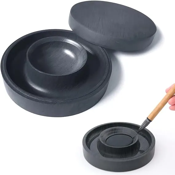 Qi Ming WEN Fang Chinese Calligraphy Inkstone, Ink Stone with Water Circle Prevent Dry, Natural Stone Ink Dish with Lid for Sumi Calligraphy, Dia.