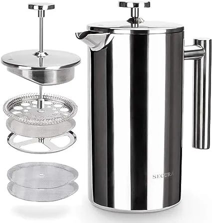 Secura French Press Coffee Maker, 304 Grade Stainless Steel Insulated Coffee Press with 2 Extra Screens, 12oz (0.35 Litre), Silver (SFP-12DS)