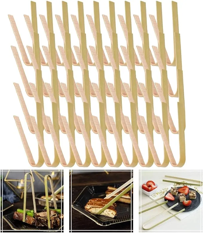 Mini Bamboo Disposable Tongs - 100pcs Disposable Tongs 4 inch Bamboo Tongs for Toaster Eco-Friendly for Catering, Buffet or Home Use