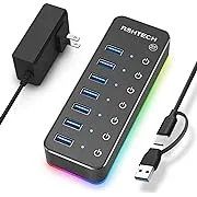 Powered USB Hub, RSHTECH RGB 7 Ports USB 3.0/USB C Hub with 14 Mode RGB LED Strip, Individual Touch Switches, 3.3ft Cable and 5V/4A Power Adapter, Aluminum Gaming USB Hub for PC and Laptop, RSH-518R