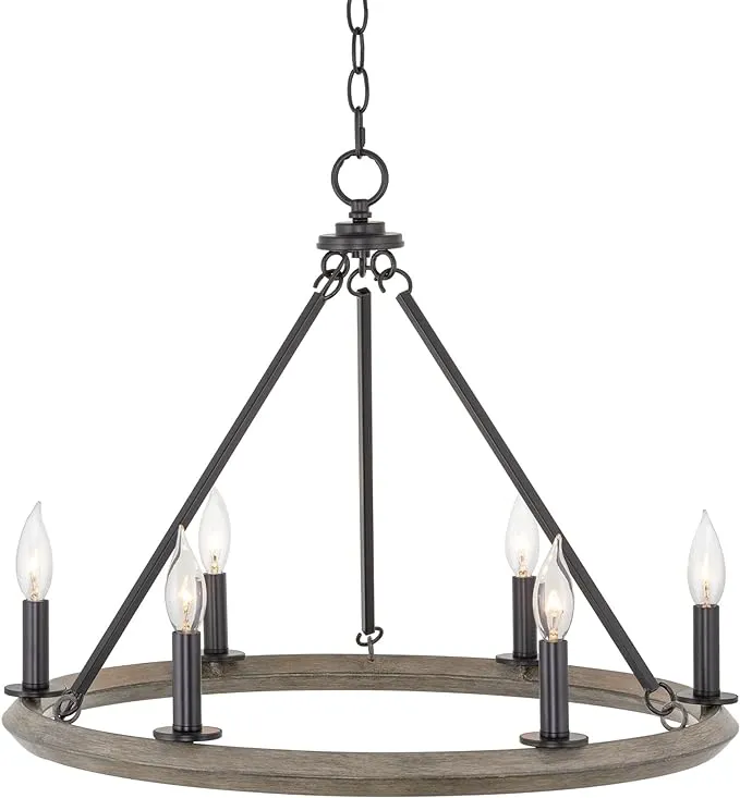 Kira Home Jericho 24" 6-Light Industrial Rustic Farmhouse Wagon Wheel Chandelier, Round Kitchen Island Light, Black + Gray Oak Wood Style Finish