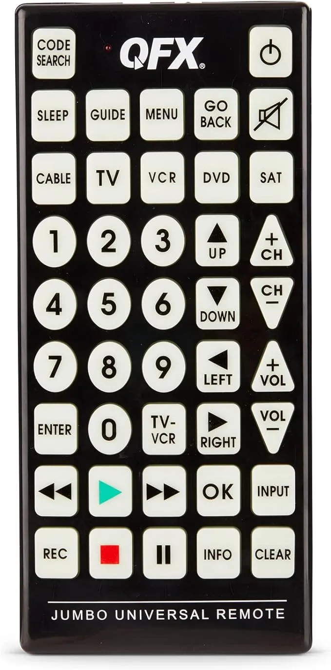 QFX REM-115 8 in 1 Large Jumbo Universal Remote Control for RCA, Sony, Philips, Samsung, GE, Zenith, Panasonic, Sharp, Toshiba, Daewoo, Hitachi, Sanyo, LG, JVC, Mitsubishi, Emerson, Magnavox