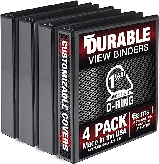 Samsill Durable 1.5 Inch Binder, Made in the USA, D Ring Binder, Customizable Clear View Binder, Black, 4 Pack, Each Holds 350 Pages