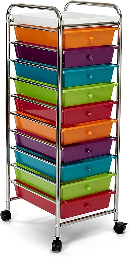 Seville Classics Rolling Utility Organizer Storage Cart, for Home Office, School, Classroom, Scrapbook, Hobby, Craft, 10 Drawer, Black