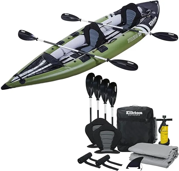 Elkton Outdoors Steelhead Inflatable Fishing Kayak - Angler Blow Up Kayak, includes Paddle, Seat, Hard Mounting Points, Bungee Storage, Rigid Dropstitch Floor and Spray Guard