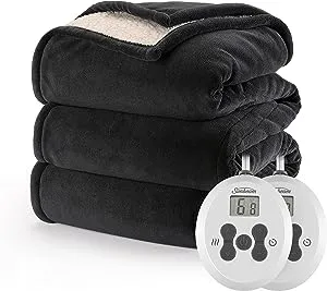 Sunbeam Royal Luxe Microplush Reverse Sherpa Heated Electric Blanket Queen Size, 90" x 84", 12 Heat Settings, 12-Hour Selectable Auto Shut-Off, Fast Heating, Machine Washable, Warm and Cozy, Night Fog