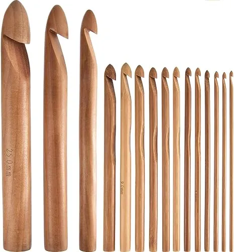 Hestya 15 Pieces Wooden Bamboo Crochet Hooks Set Handcrafted Knitting Needles Weave Yarn Craft 3 to 25 mm in Diameters