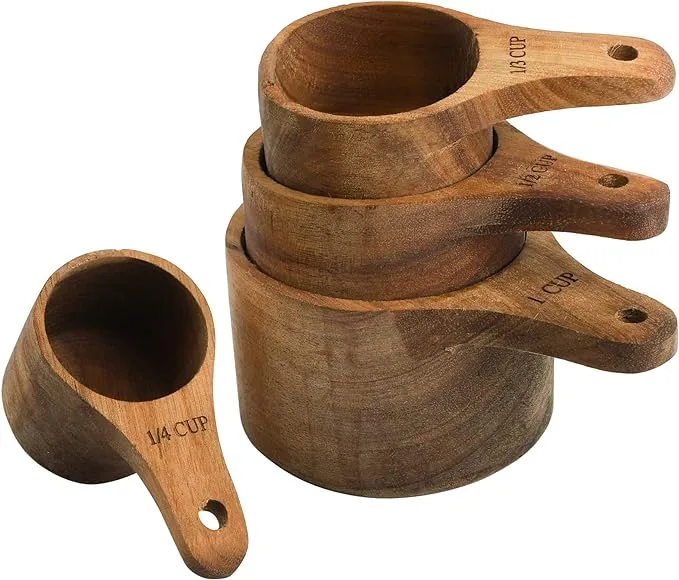 Lyellfe Set of 4 Acacia Wood Measuring Cups, Stackable Kitchen Measure Tool with Handle, Baking and Cooking Measuring Set, Handcrafted with Polish Finish, 4 Size