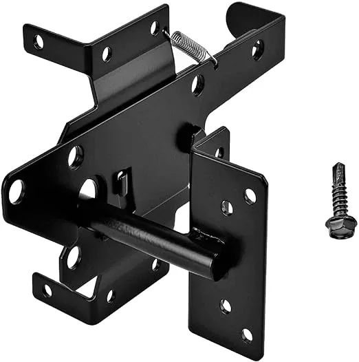 Lajiaoz Heavy Duty Fence Self Locking Gate Latch Black Finishing Post Mount Steel Automatic Gravity Lever Wood Fence Gate Latches with Fasteners