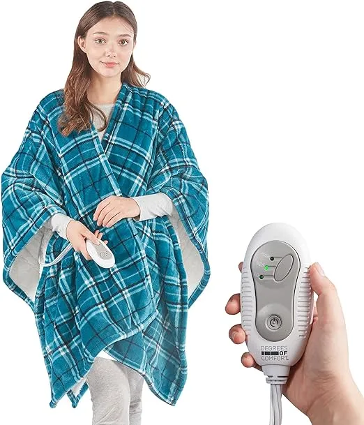 Degrees of Comfort Sherpa Heated Blanket Wrap, Cozy & Snuggy Electric Shawl for Women, Washable, Auto Shut-Off, Reversible 50 x 64 Inch, Blue Plaid