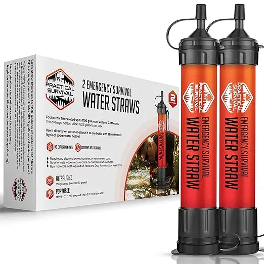 2 High Capacity Emergency Survival Water Straws - Personal Water Filter for Camping, Hiking, Travel, Biking, Survival, Emergency preparedness, Lightweight, Reusable and with no Expiration Date. (2)