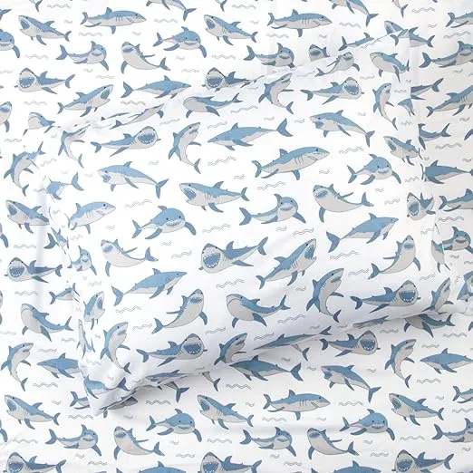 3-Piece Blue Shark Sheet Set | 1 Twin Flat Sheet, 1 Twin Fitted Sheet & 1 Queen Pillowcase | Made of 100% Super Soft Microfiber Polyester | Soft, Smooth & Durable | Ideal for Boys