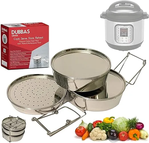 Dubbas - 3 Tier Stackable Insert Pans / Steamer for 6 & 8 qt Instant Pot Cooker PIP w/ Lids / Plates & Multipurpose Trivet / Sling to Cook, Serve,