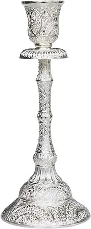 Silver Shabbat Candle Holder with Deluxe Engraved Design, Premium Silver Candlestick as Judaica Gift