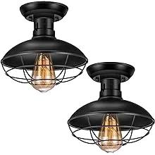 Asnxcju Farmhouse Flush Mount Ceiling Light Fixture, Industrial Ceiling Light E26 Base, Metal Black Cage Rustic Style Close to Ceilin MKTBA