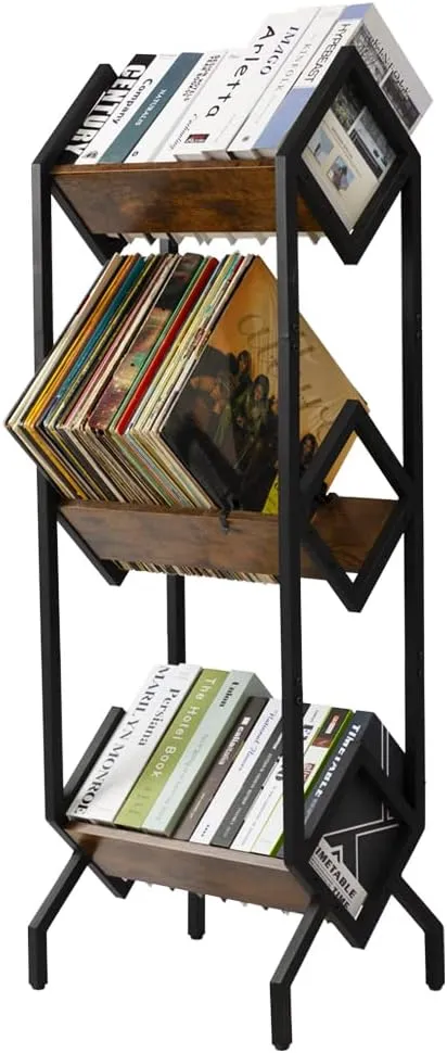 Hadulcet 3 Tier Vinyl Record Storage Rack, 150-200 LP Storage Shelf, Mobile Record Display Holder for Albums, Organizer for Magazines, Books and Files, Vinyl Record Stand with 3 Dividers, Rustic Brown