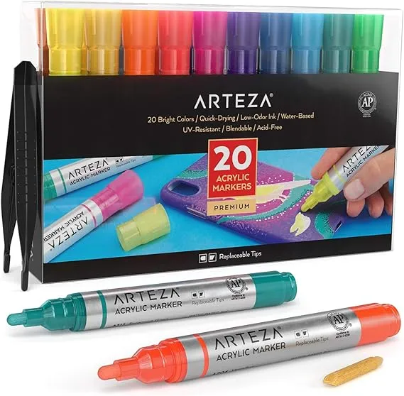 ARTEZA Acrylic Paint Markers, Set of 20 Acrylic Paint Pens in Assorted Colors, Art &amp; Craft Supplies, Use on Canvases for Painting, Glass, Pottery,