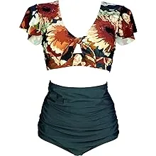 COCOSHIP Retro Ruched Ruffle High Waist Two Piece Bikini Set Tie Knot Front