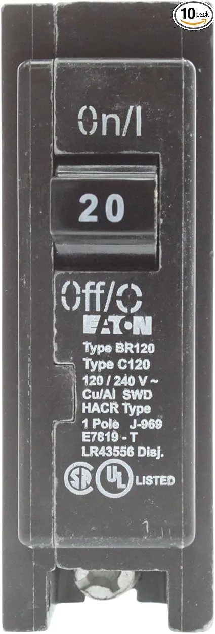 Eaton Cutler-Hammer BR120 Interchangeable Circuit Breaker, 20A, (10-Pack),Black