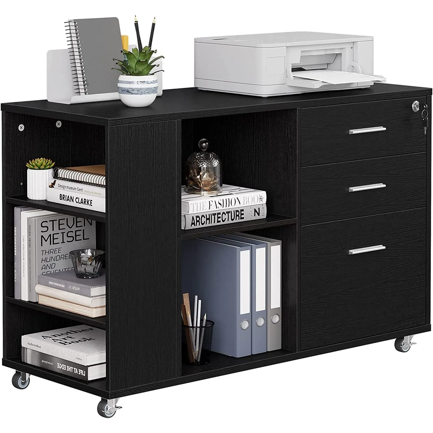 DEVAISE 3-Drawer Wood File Cabinet with Lock, Mobile Lateral Filing Cabinet, Black