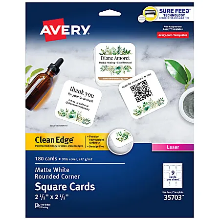 Avery 35703 2.5&#034; x 2.5&#034; Square Clean Edge Cards - White (180/PK) New